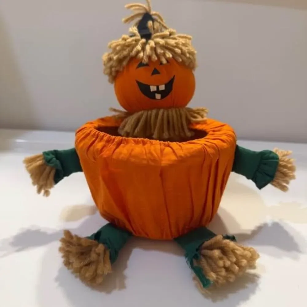 Vintage Pumpkin Scarecrow Wicker Candy Basket Halloween Decor Bowl Y2K Cozy Prim
